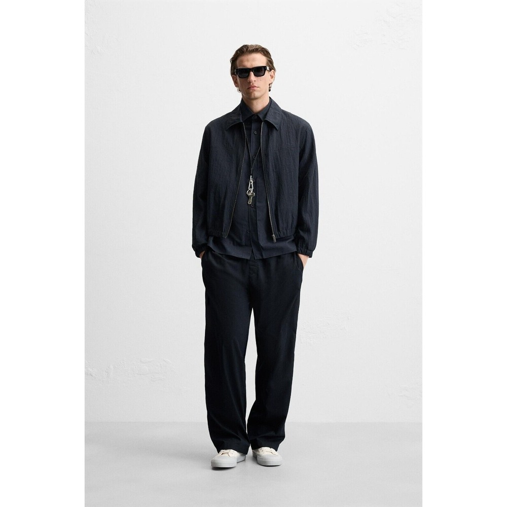 Zara Men Navy Blue Sheer Textured Zip‎ Jacket Size XL Lightweight Bomber Style